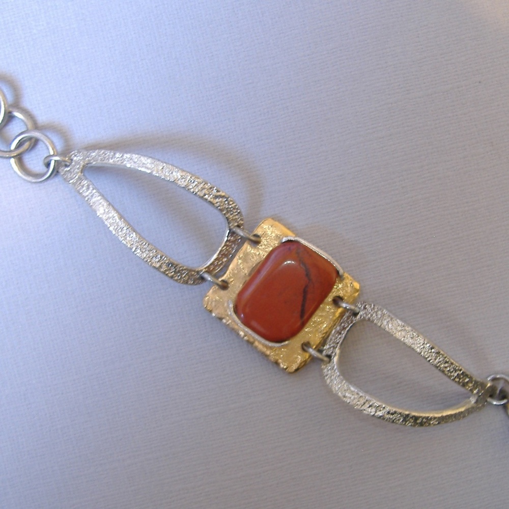 Semi Precious Stone Bracelet 24K Gold Silver Handcrafted Red Brown New Gift